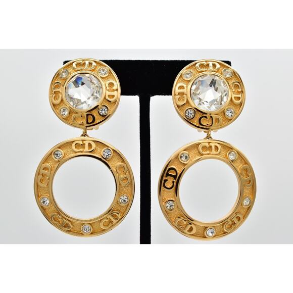 Christian Dior Vintage CD Logo Clip On Earrings Crystal Gold Chunky Signed Bin5 - Picture 1 of 12
